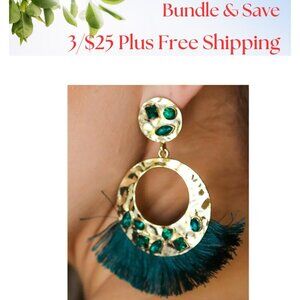3/$25 NEW Emerald Rhinestone Tassel Gold Drop Earrings